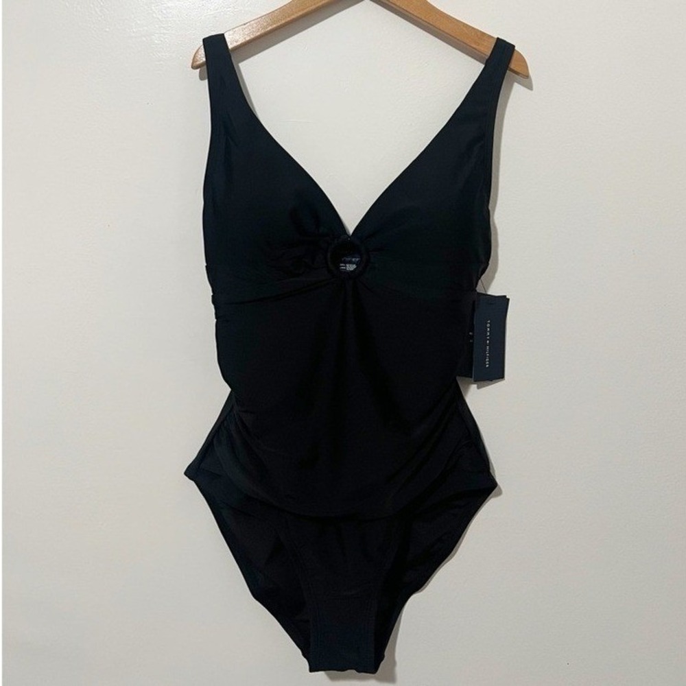 Tommy Hilfiger Womens Black Ring Detail Ruched One Piece Swimsuit Size 4 NEW - Picture 2 of 9
